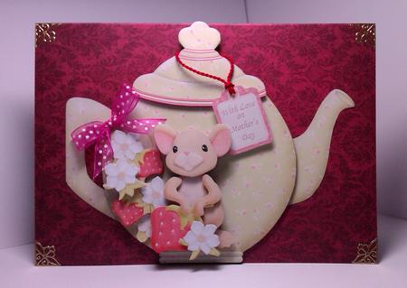 Teapot Shape Card Strawberries & Mouse Decoupage Kit by Lynda Tully