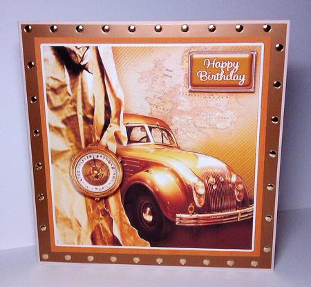 Vintage Car and Compass 8in x 8in Decoupage by Lynda Tully