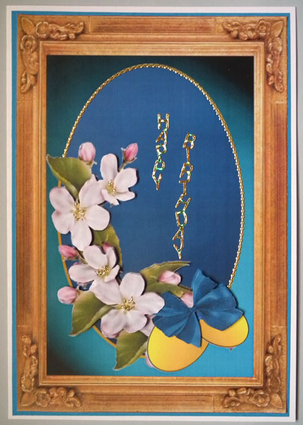 3D Frame Card Aqua Velvet with Dogwood,gold Tags and Bow by Lynda Jones