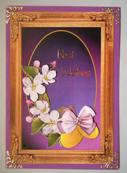 3D Frame Card Purple Velvet with Dogwood,gold Tags and Bow by Lynda Jones