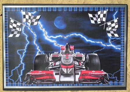 Formula 1 Car on Blue Lightning Background Decoupage by Lynda Jones