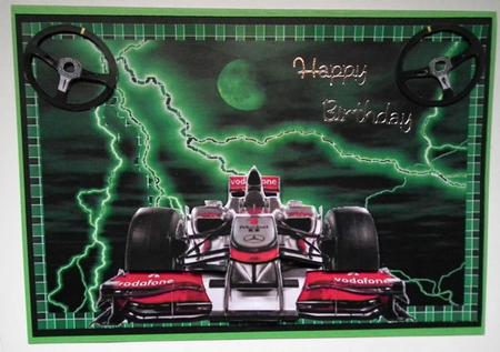 Formula 1 Car on Green Lightning Background Decoupage by Lynda Jones