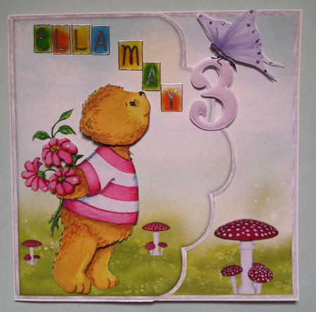 Teddy Bear Scalloped Edge Decoupage Card for Girl Aged Three by Lynda Jones