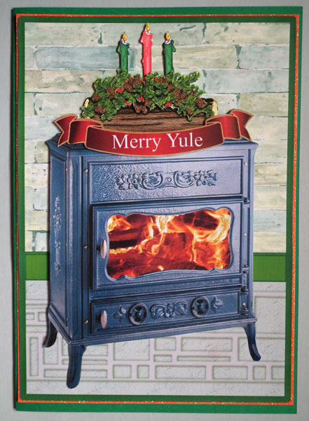 Merry Yule Log Fire Wood-burner Quick Decoupage Card Sheet by Lynda Jones
