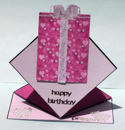 Pink Birthday Present Pop Up Spring Card by Lynda Jones