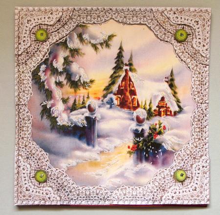 Christmas House Snow in Winter - Lace Framed Corner Stacker by Lynda Jones