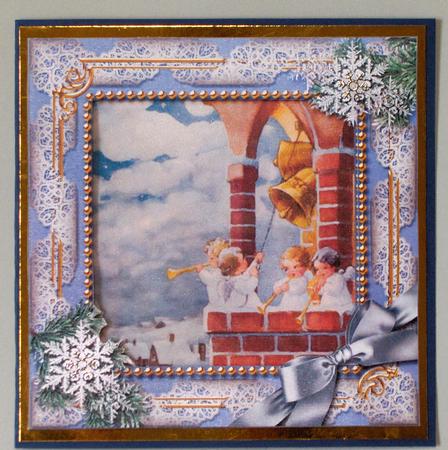 Angel Bell Pulling Snow Ornate Square Card Front and Frame by Lynda Jones