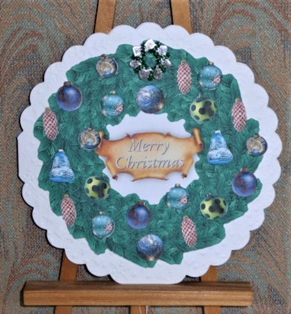 Christmas Wreath Easel Card - Blue and Green Decorations by Lynn Butters