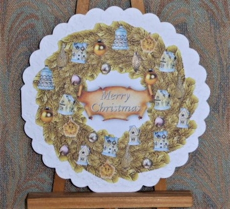 Christmas Wreath Easel Card - White and Gold Decorations by Lynn Butters