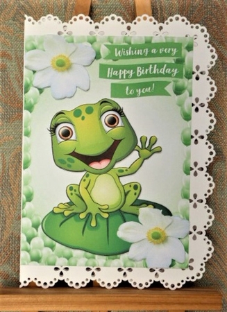 Cute little frog on a lily pad with white lilies in balloon frame A4 by Lynn Butters