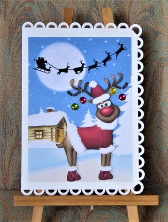 Lovely reindeer with santa in santa suit in snow scene A4 by Lynn Butters