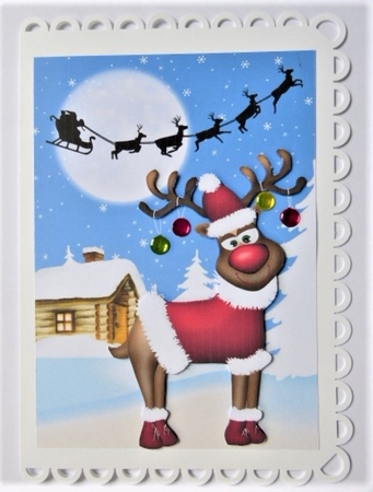 Lovely reindeer with santa in santa suit in snow scene A4 by Lynn Butters