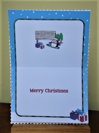 Christmas Fat Penguin Snowboarding with sign GRANDSON a5 insert by Lynn Butters