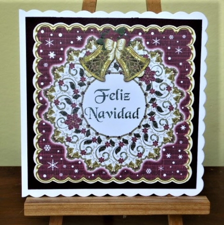 Feliz Navidad Scalloped Square Topper With Christmas Wreath & Bells 1 by Lynn Butters