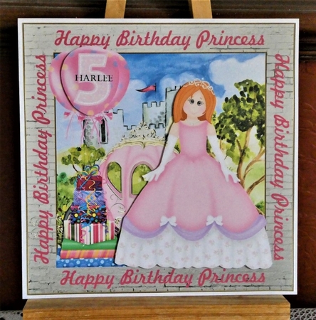 Ginger haired Birthday Princess card front with age balloons by Lynn Butters