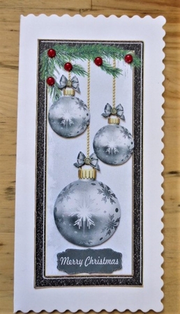 Silver baubles card front by Lynn Butters