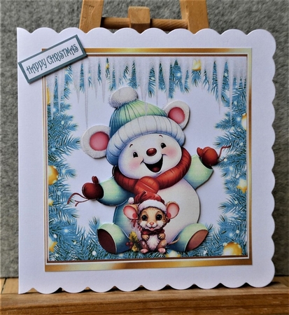 Cute Snowman With Little Mouse With Icicles 8x8 by Lynn Butters