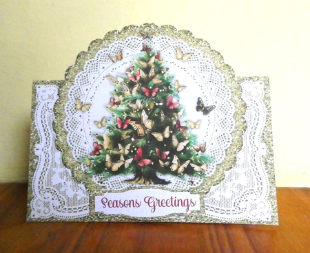 Christmas Tree & Butterflies 7 x 7 Lace Doily Card by Lynn Butters
