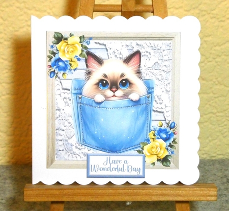 Cute Kitty In Denim Pocket With Flowers & Lace 8x8 (two) by Lynn Butters