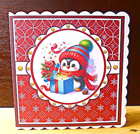 cup1390705_2745 - Penguin with blue present christmas decoupage card
