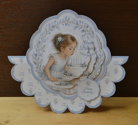 Little Girl Birthday Card Front with Cake, Blue Florals and Sweet Illustration by Lynn Butters