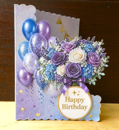 Elegant Purple & Blue Floral Birthday Topper with Balloons & Gold Accents by Lynn Butters
