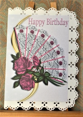 Pink Roses on a Lace Fan for a Birthday A4 by Lynn Butters