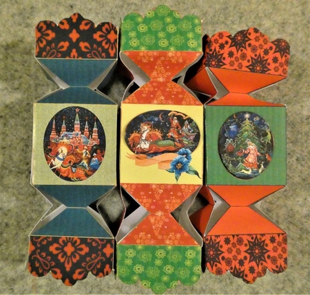 3D Vintage Russian Christmas Scenes Cracker Boxes with Gift Tags by Lynn Butters