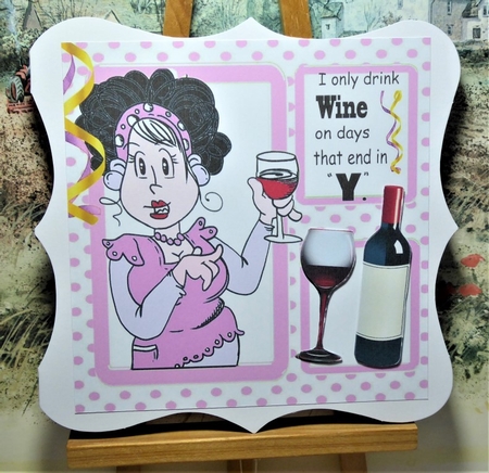 I Only Drink Wine!Lady in lilac polkadot window frame 8x8 by Lynn Butters