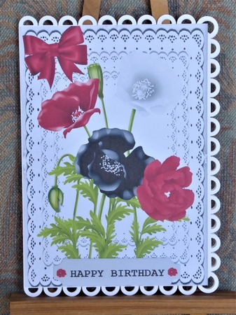 Lovely  card fronts/toppers & tags on lace with black/red flowers A5 by Lynn Butters