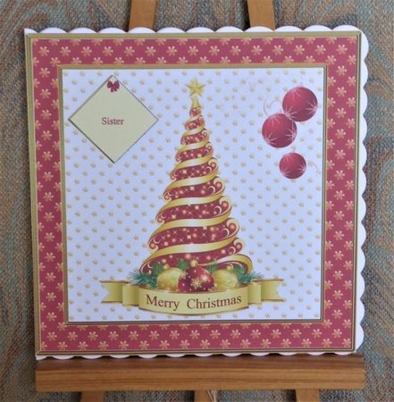 8 x 8 red and gold Christmas tree quick card front by Lynn Butters