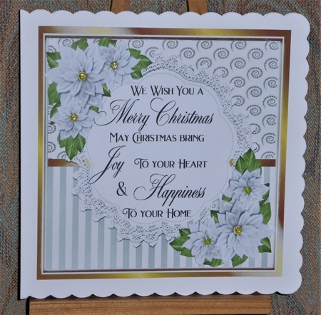 Pretty silver stripe/swirls and silver poinsettias christmas card front 8x8 by Lynn Butters