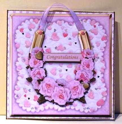 Congratulations Pink Roses Horseshoe Card Front + Decoupage by Lynn Butters