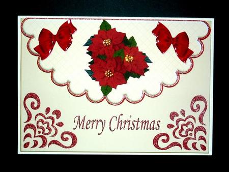 Red Poinsettias and Red Bows on Scalloped Envelope by Lynn Butters