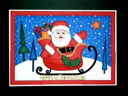 A5 Xmas Santa N Sleigh Scallop Corners and Pyramage by Lynn Butters