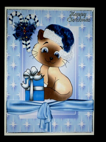 Cute Kitty with Candycane , and Blue Santa Hat On by Lynn Butters