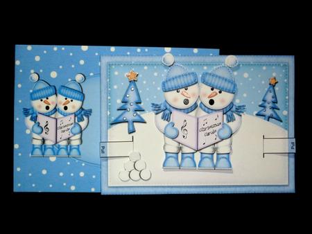 3D Xmas Singing Snowmen Animated Moveable Decoupage Card by Lynn Butters