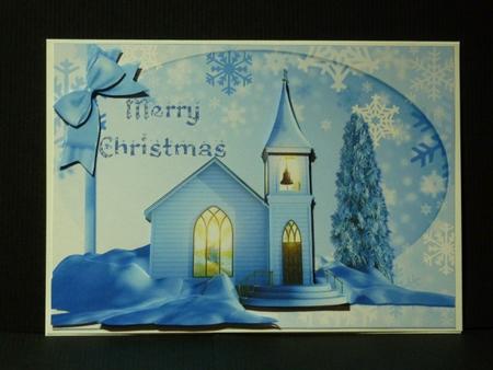 Merry Christmas Church in Blue Card Front by Lynn Butters