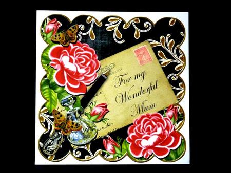 Red Roses Black Wonderful Mum Scallop 8in Decoupage Topper by Lynn Butters