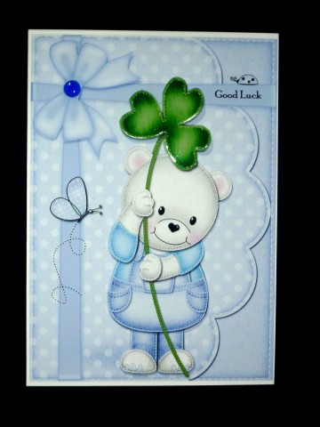 A5 Teddy Ed's Good Luck Clover Quick Card N 3D Decoupage by Lynn Butters