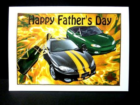 Green/black Sports Car with Champers, Flames for Dad A4 by Lynn Butters