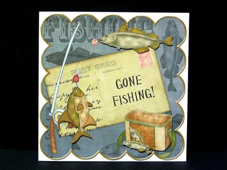 Black Gone Fishing 8in Scallop Decoupage Topper by Lynn Butters