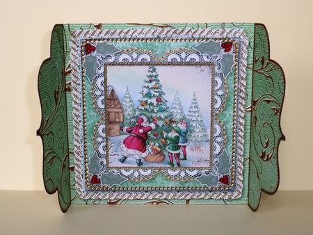 Santa Decorating Tree Lace Bracket Wrap Card by Lynn Butters