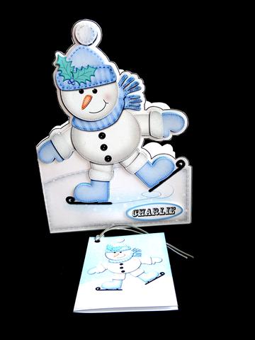 Xmas Skating Snowman Shaped Card with Decoupage by Lynn Butters