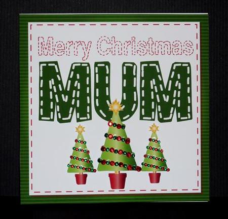 Square Stitched 'merry Christmas Mum' Card - Green with Red by Lynn Butters