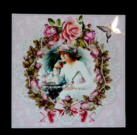 8x8 Vintage Girl Cheers Rose Wreath by Lynn Butters