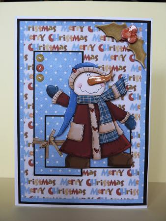 Snowman All Wrapped Up Decoupage Card Front by Lynn Butters
