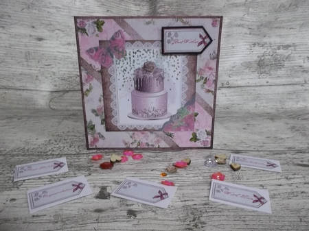 5 x 5 Cut and Fold Card Shabby Pink Cake/Roses with Sentiment Tags by Crafty Lynn