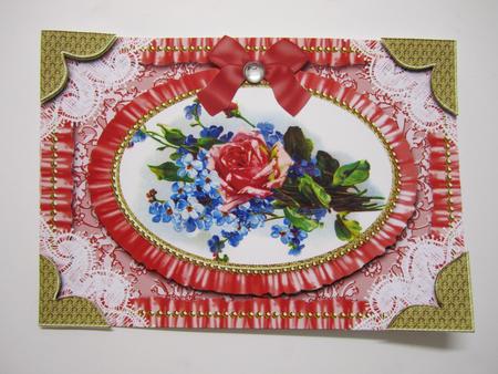Rose and Forget Me Knots Lace N Ruffles Card Front by Lynn Keeton