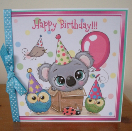 cute koala bear with owls partying 8x8 by Lynne Brown